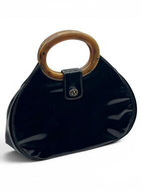 Vintage 1950's Patent Leather Purse w Tortoise Handles Black